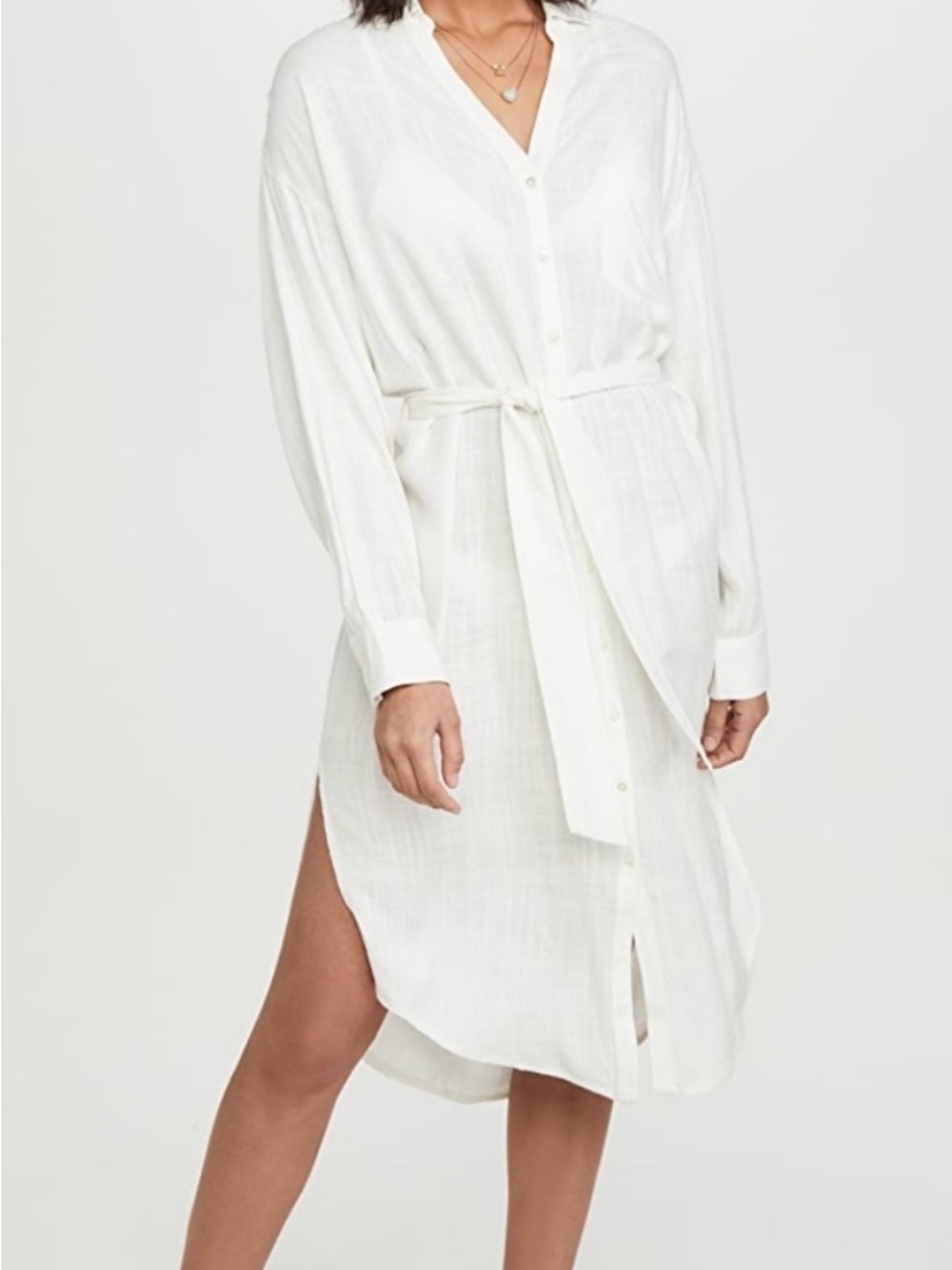 l*space White Textured Midi Shirtdress or Coverup Oversize Waist Tie size XS